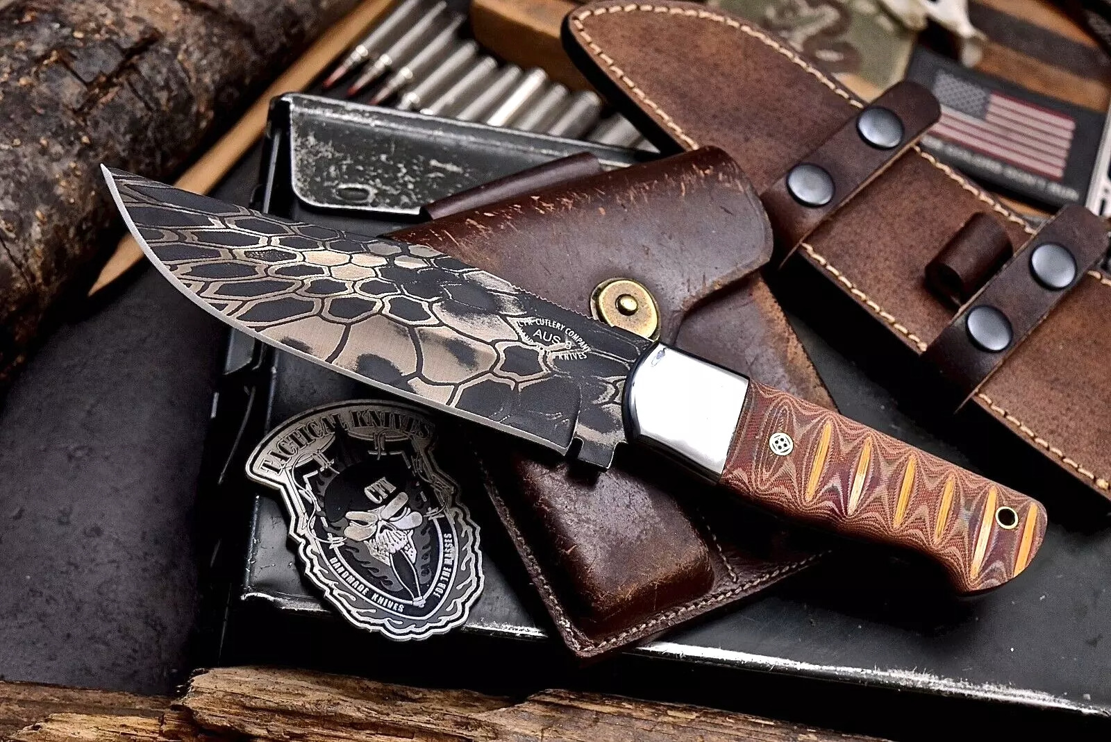 Lot #002 CFK Handmade CAMO AUS 8 Custom MICARTA Hunting Skinner Camping Sport Knife