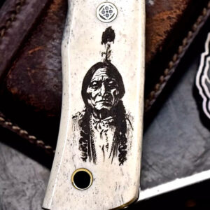 Lot #014 CFK AUS 8 Custom SITTING BULL INDIAN SCRIMSHAW Bone Hunting EDC Knife