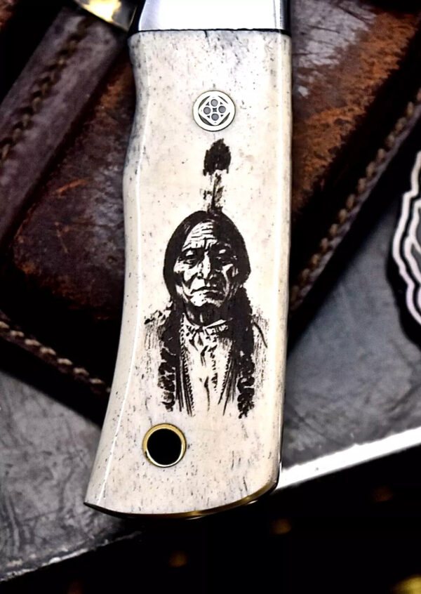 Lot #014 CFK AUS 8 Custom SITTING BULL INDIAN SCRIMSHAW Bone Hunting EDC Knife